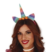 Serre-tête de licorne multicolore brillant avec fleurs