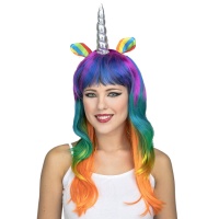 Perruque longue multicolore de Licorne argentée