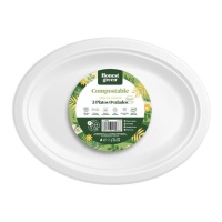 Plateau ovale de 32 x 25 cm en bagasse compostable blanc - 3 unités