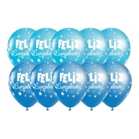 Ballons d'anniversaire Heureux bleus avec étoiles de 30 cm - 10 unités