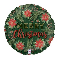 Ballon rond Merry Christmas avec poinsettia de 46 cm - Grabo