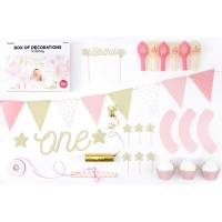 Pack de table sucrée pour le premier anniversaire rose - 33 pièces