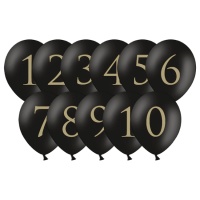 Ballons en latex noirs avec chiffres dorés de 30 cm - PartyDeco - 11 unités