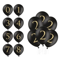 Ballons en latex noir avec numéro doré de 30 cm - PartyDeco - 50 unités