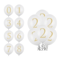 Ballons en latex blanc avec numéro doré de 30 cm - PartyDeco - 50 unités