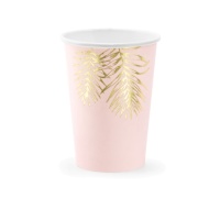 Gobelets de 220 ml rose pastel avec feuilles dorées - 6 unités