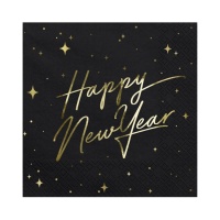 Serviettes Happy New Year noires de 16,5 x 16,5 cm - 20 unités