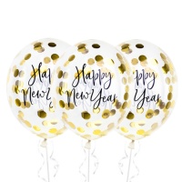 Ballons en latex transparent avec confettis dorés de Joyeux Nouvel An de 27 cm - PartyDeco - 3 unités