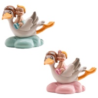 Figurine pour gâteau de baptême de cigogne volant avec bébé - 9 cm