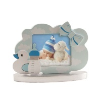 Figure de baptême pour gâteau avec cadre photo bleu et détails bébé - 11 cm