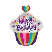 Ballon silhouette cupcake multicolore Joyeux Anniversaire de 55 cm