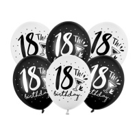 Ballons en latex d'anniversaire Black Birthday 18 ans de 30 cm - PartyDeco - 6 unités