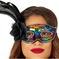 Masque avec paillettes multicolores et fleur noire