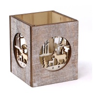 Porte-bougie carré en bois avec motifs de Noël de 8,2 x 8,2 x 9,5 cm