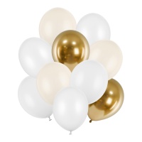 Ballons en latex de 27 à 30 cm blanc et doré - 10 unités