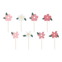 Piques pour cupcakes avec fleurs printanières - 8 unités