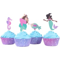 Capsules pour cupcakes avec picks de sirènes et animaux marins - 24 unités