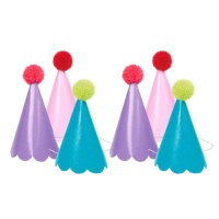 Chapeaux de fête couleurs assorties avec paillettes et pompon - 6 unités