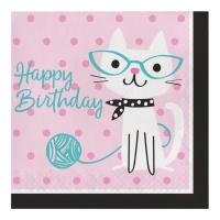 Serviettes de Chats Joyeux Anniversaire de 16,5 x 16,5 cm - 16 unités