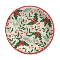 Assiettes de Noël avec fleurs de houx de 18 cm - 8 unités