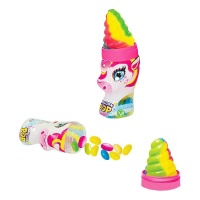 Licorne sucrée avec corne de bonbon remplie de dragées parfumées tutti frutti de 50 gr.