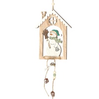 Pendentif maison avec bonhomme de neige en bois de 14 x 18 cm