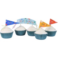 Coupelles pour cupcakes avec piques de joyeux anniversaire - 24 unités