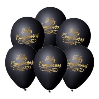 Ballons en latex biodégradables noirs avec la phrase Joyeux Anniversaire en doré de 23 cm - 6 unités