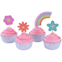 Capsules pour cupcakes avec piques arc-en-ciel et fleurs - 24 unités