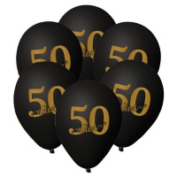 Ballons en latex noirs avec le numéro 50 doré de 23 cm - 6 unités