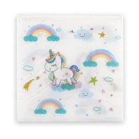 Serviettes Licorne avec arc-en-ciel de 16,5 x 16,5 cm - 12 unités