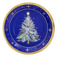 Assiette de sapin de Noël bleu nuit de 23 cm - 6 unités