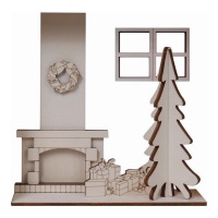 Figurine en bois de scène de Noël avec cheminée, arbre et cadeaux 24 x 24 cm - Artis décor