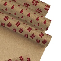 Papier cadeau avec designs de Noël Kraft rouge de 2,00 x 0,70 m - 1 unité