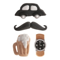 Figurines en sucre Vintage de voiture, moustache, bière et montre - 24 unités