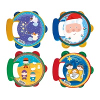 Tambourin de 17 cm en plastique de Noël avec motifs assortis et poignée