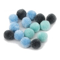 Pompons de couleurs bleu, gris et vert de 3 cm - 15 unités