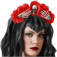 Bandeau de Catrina avec fleurs rouges et os