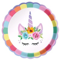 Assiettes Licorne avec des fleurs de 23 cm - 6 unités