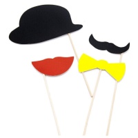 Kit pour photobooth avec chapeau melon et noeud papillon jaune - 4 unités