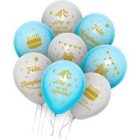 Ballons de Joyeux Anniversaire bleu ciel et blanc - 8 unités