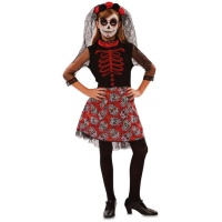 Déguisement de Catrina rouge et noir avec des crânes pour fille