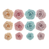 Figures de sucre de roses tons pastel - Dekora - 12 unités