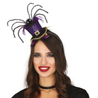 Serre-tête mini chapeau avec araignée et noeud lilas