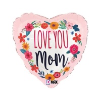 Ballon coeur avec message Love You Mom décoré de fleurs de 46 cm - Grabo