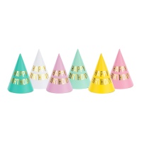 Chapeaux Joyeux Anniversaire couleurs assorties - 6 unités