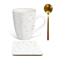 Tasse de 300 ml Étoiles or avec cuillère et sous-verre