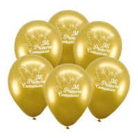 Ballons en latex dorés de Ma Première Communion avec colombe de 23 cm - 6 unités