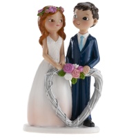 Figurine pour gâteau de mariage avec mariés accompagnés d'un coeur argenté de 16 cm