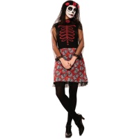 Déguisement de catrina rouge et noir avec des crânes pour femme